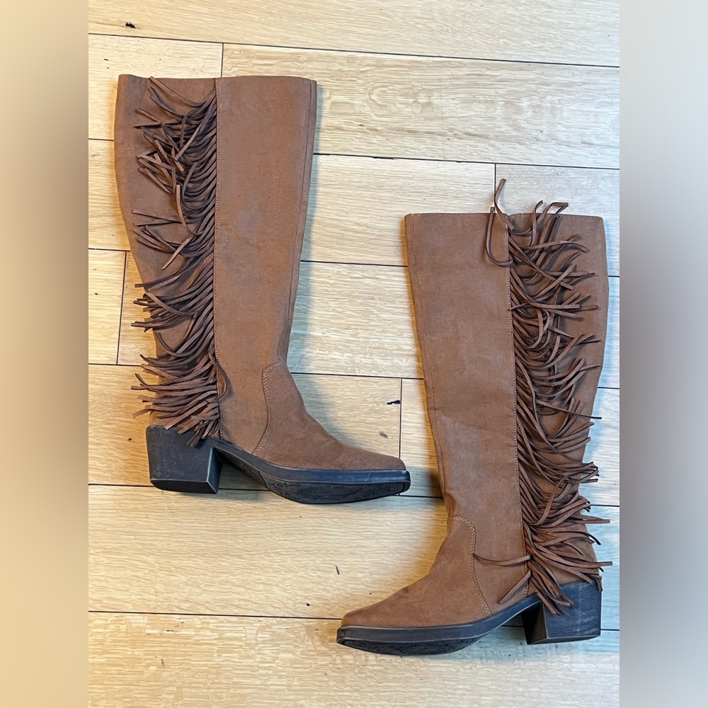 Wide Calf Brown Fringe Knee High Boots